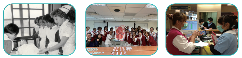 A historical black-and-white photograph of nurses gathered around a patient in a hospital.